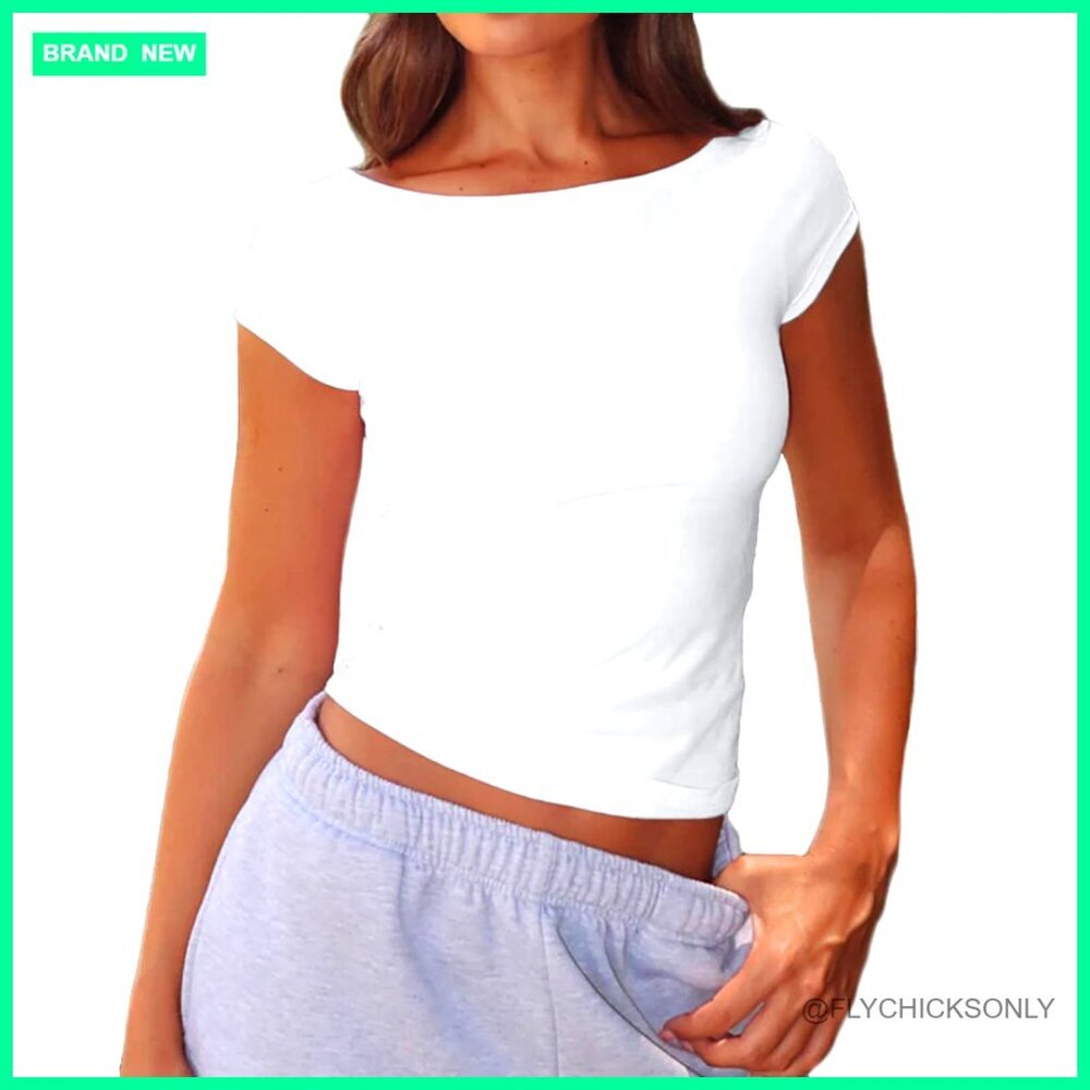 Women's Boat Neck Short Sleeve Cotton T-Shirt Y2K Cute Summer Top